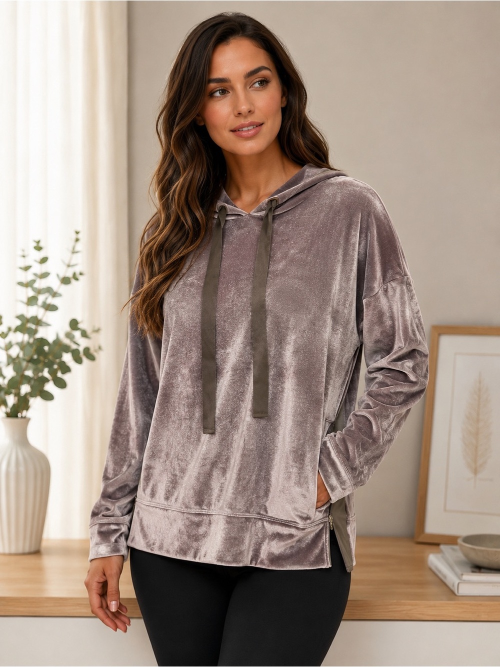 ASOS Plush Velvet Cowl Hoodie in Taupe
